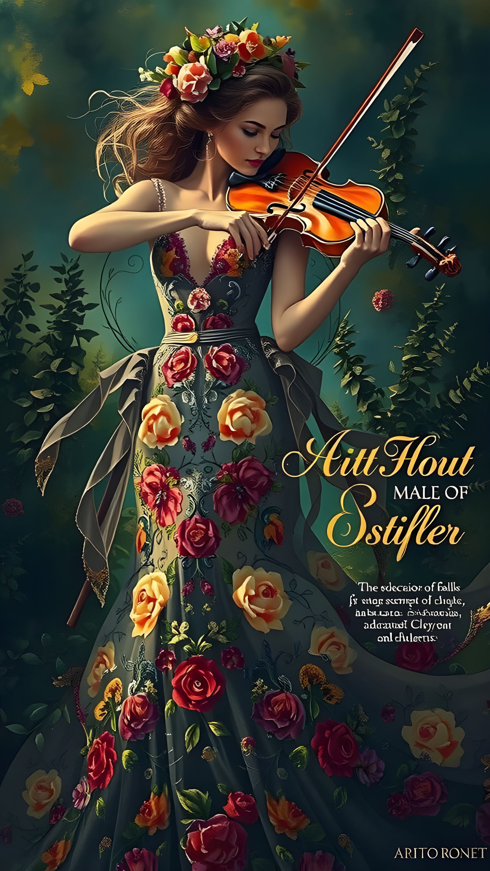 A Woman Playing the Violin in a Floral Gown, Surrounded by V...