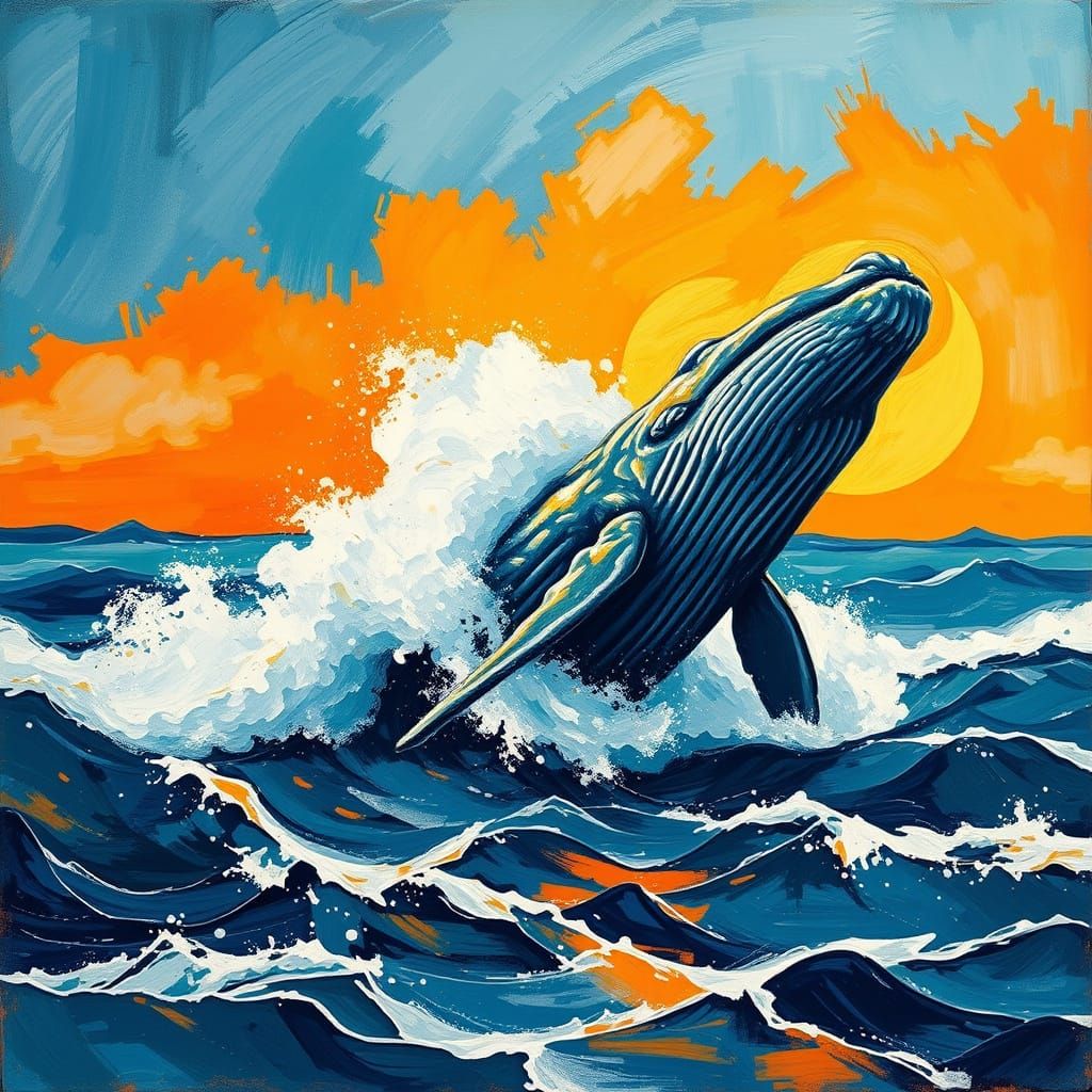 Whale Breaching Stormy Sea in Abstract Expressionist Style