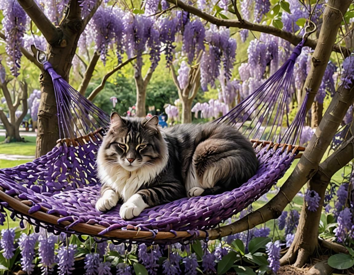 Sasquatch in Purple Hammock Under Wisteria