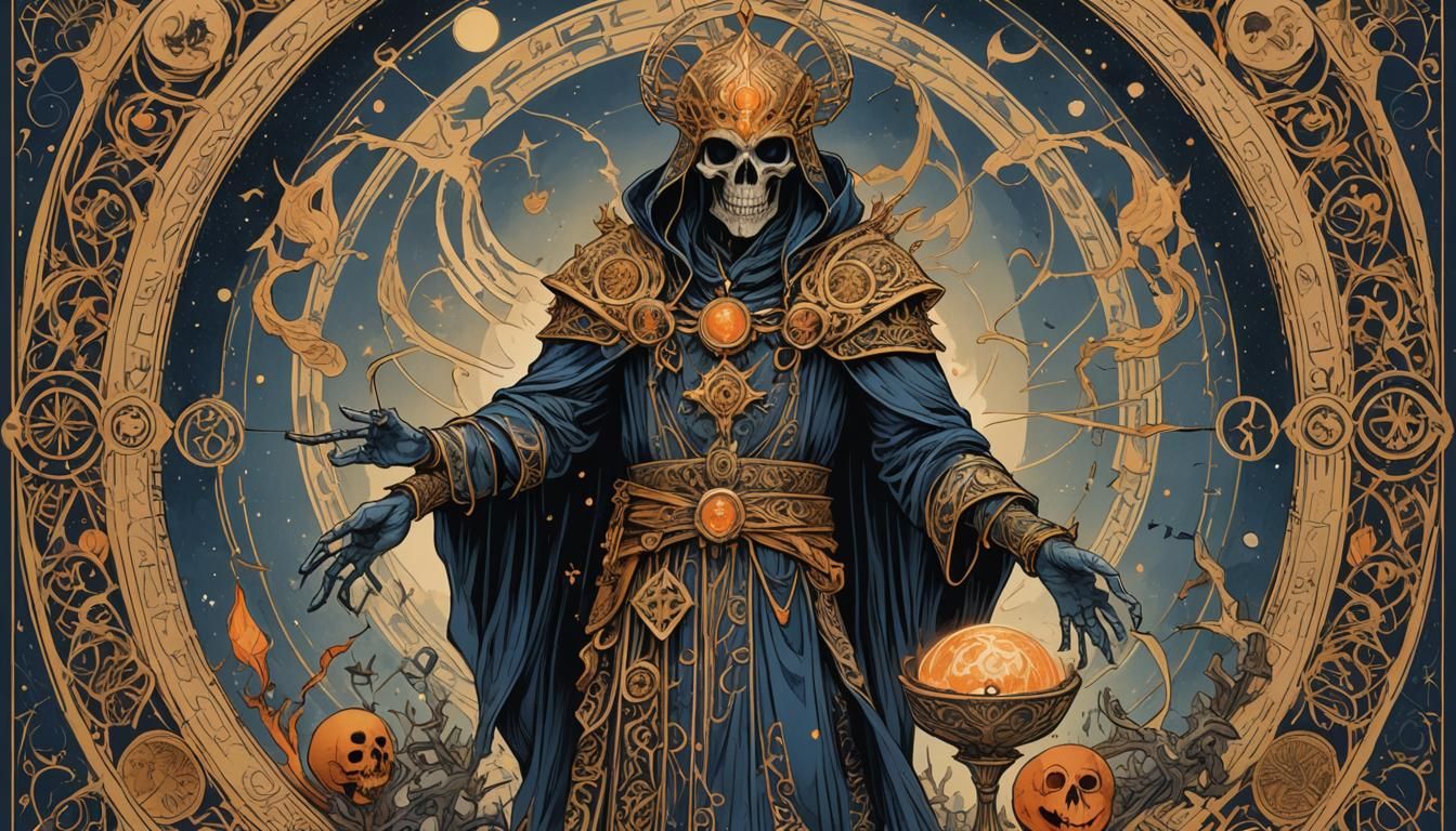 Fantasy RPG Character with Tarot Card in Ink Illustration