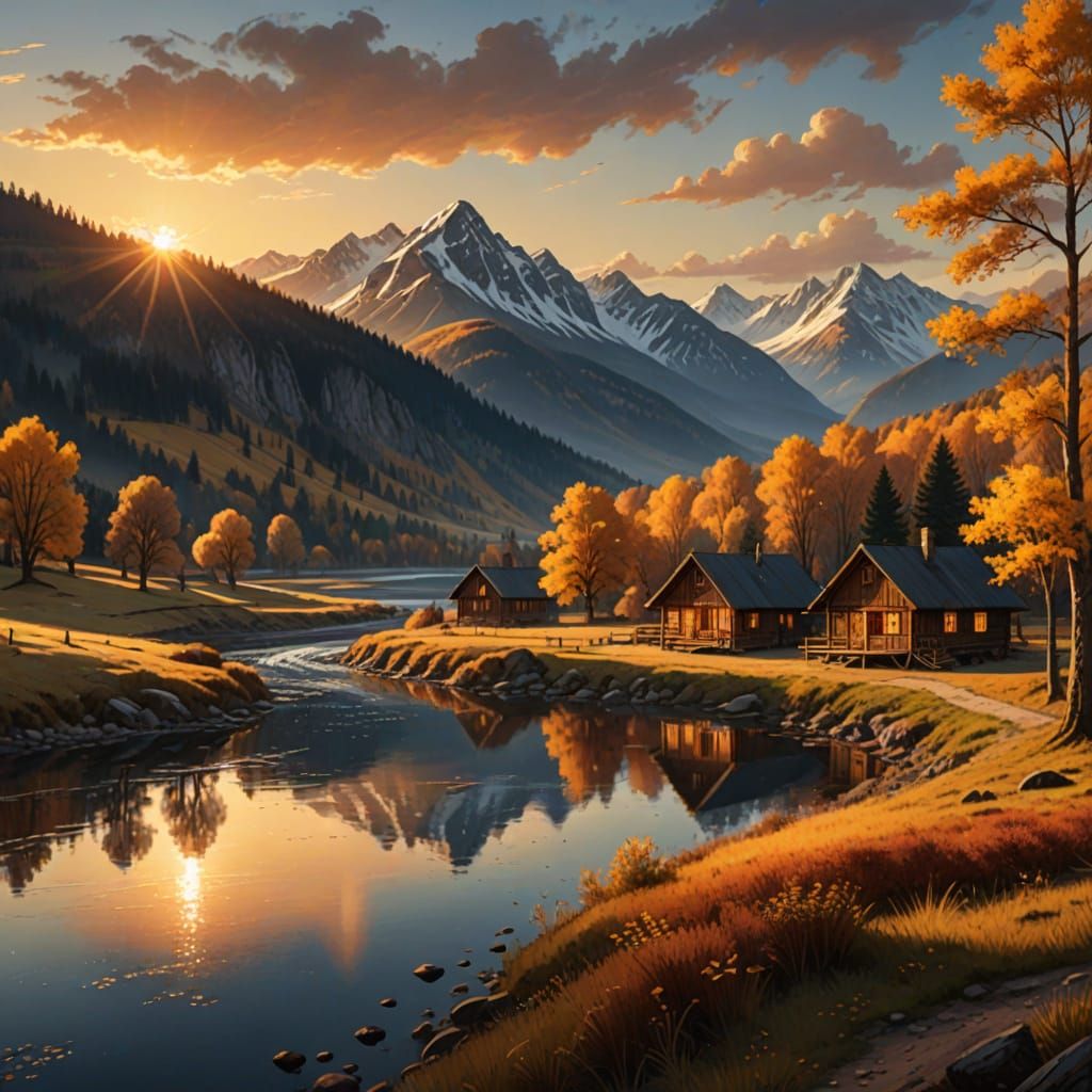 Serene Autumn Sunset Landscape with Rustic Cabins