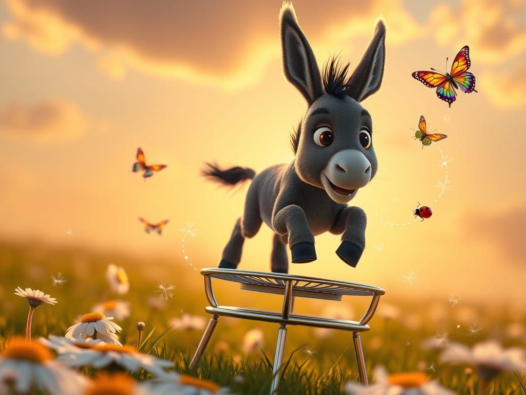 Whimsical 3D Cartoon Donkey Bounces in Sunlit Meadow
