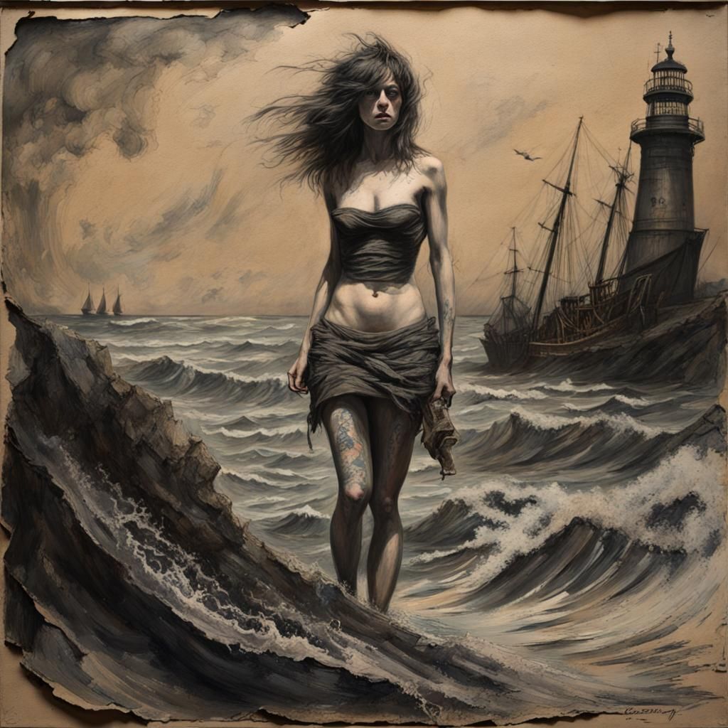 Tattooed Girl in Charcoal Drawing with Collage