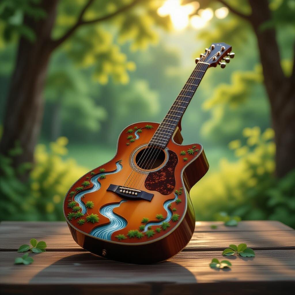 Acoustic Guitar with Rivers in Forest Glade