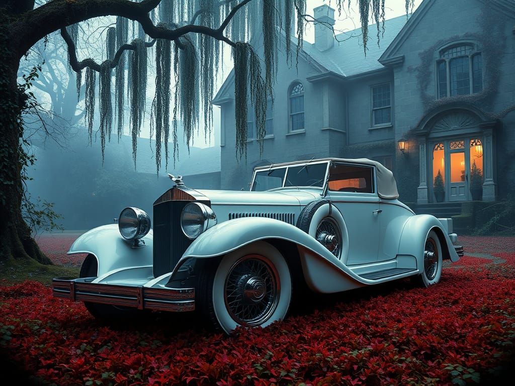 Vintage Car at Overgrown Manor in Bauhaus Style