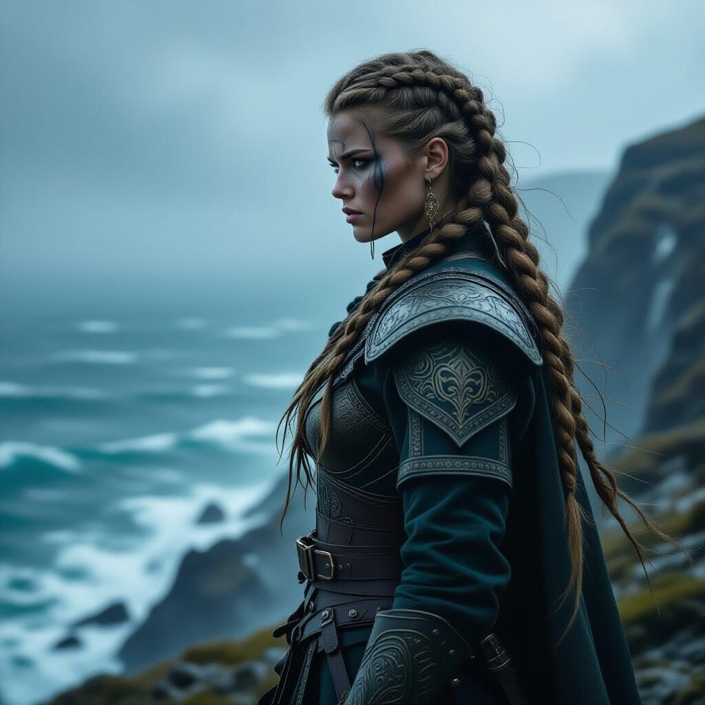 Viking Woman on Stormy Cliff - Epic Fantasy Art