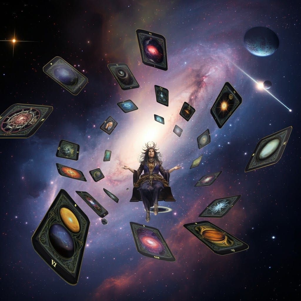 Mystical Fortune Teller in Space with Tarot Cards