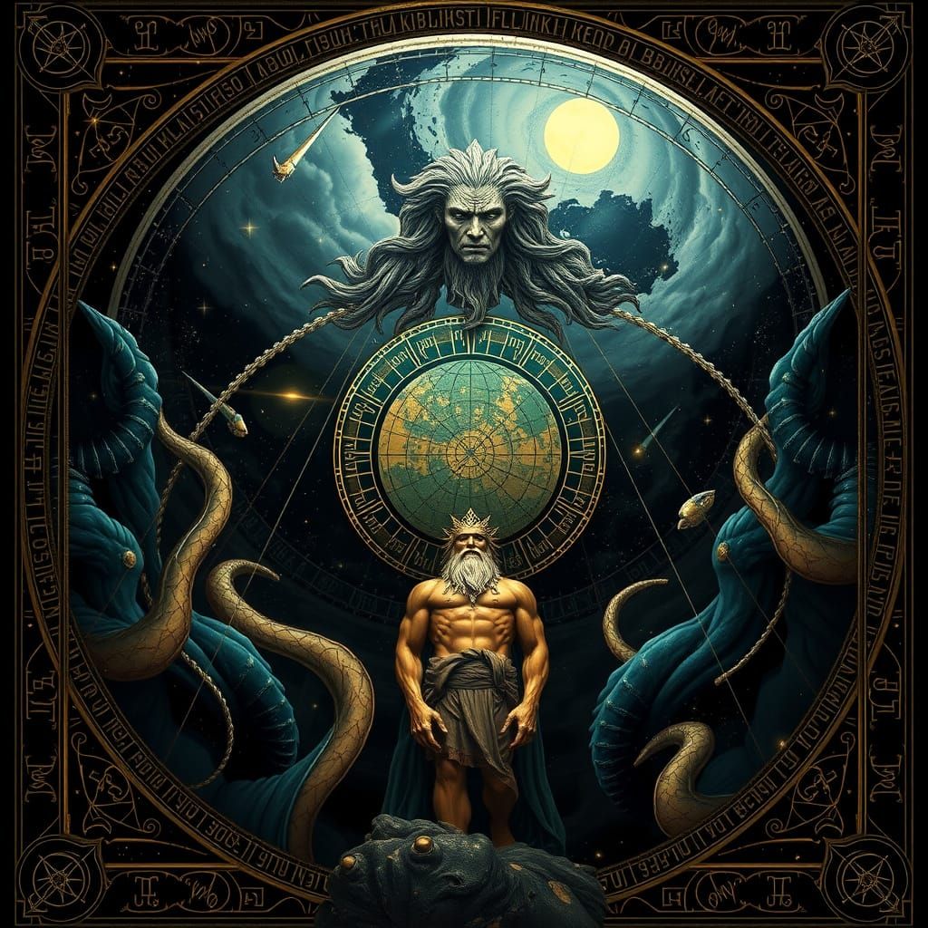 Mystical Atlas Straining Under Flat Earth in Celestial Scene