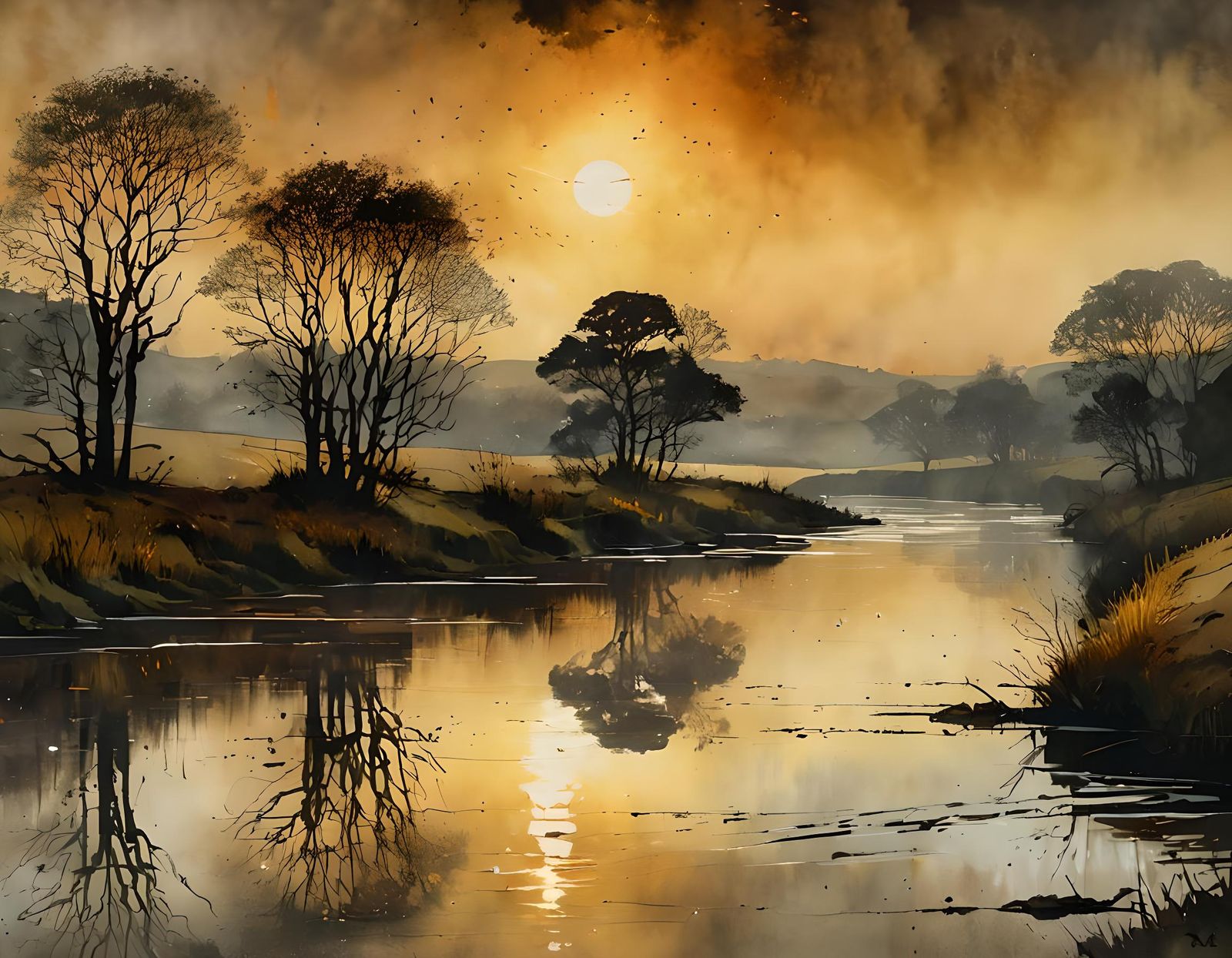 Misty River Twilight in Watercolor Style