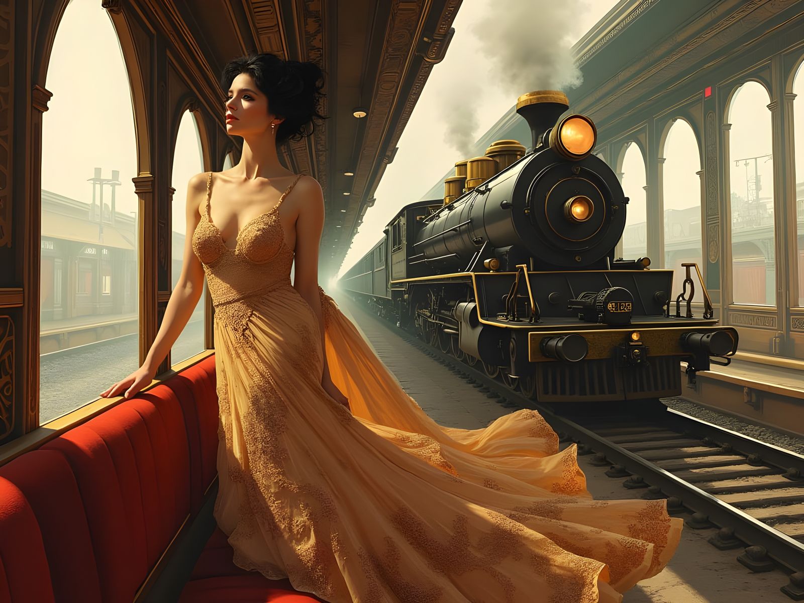 Elegant Woman in Art Deco Train Car