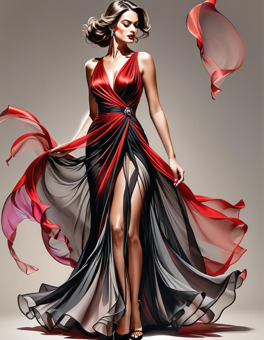 A modern beautiful fashion woman in a fancy red and black tu...