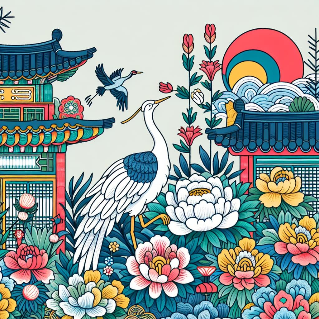 Vibrant Minhwa-Inspired Crane Scene with Peonies