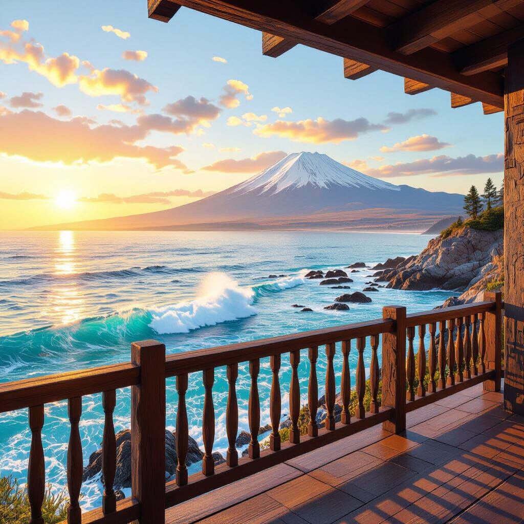 Rustic Balcony Overlooking Turquoise Ocean at Golden Hour