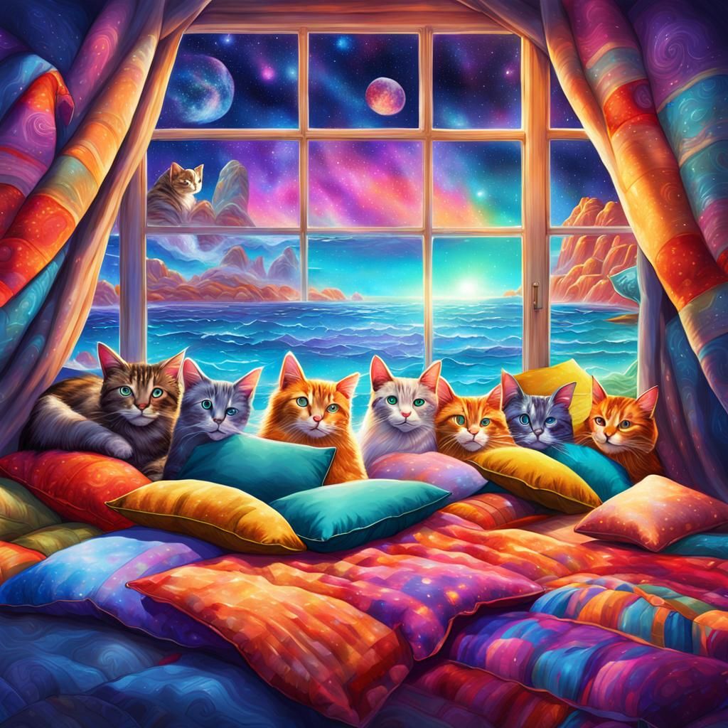 Cats on Beach Bed: Holographic Astral Illustration