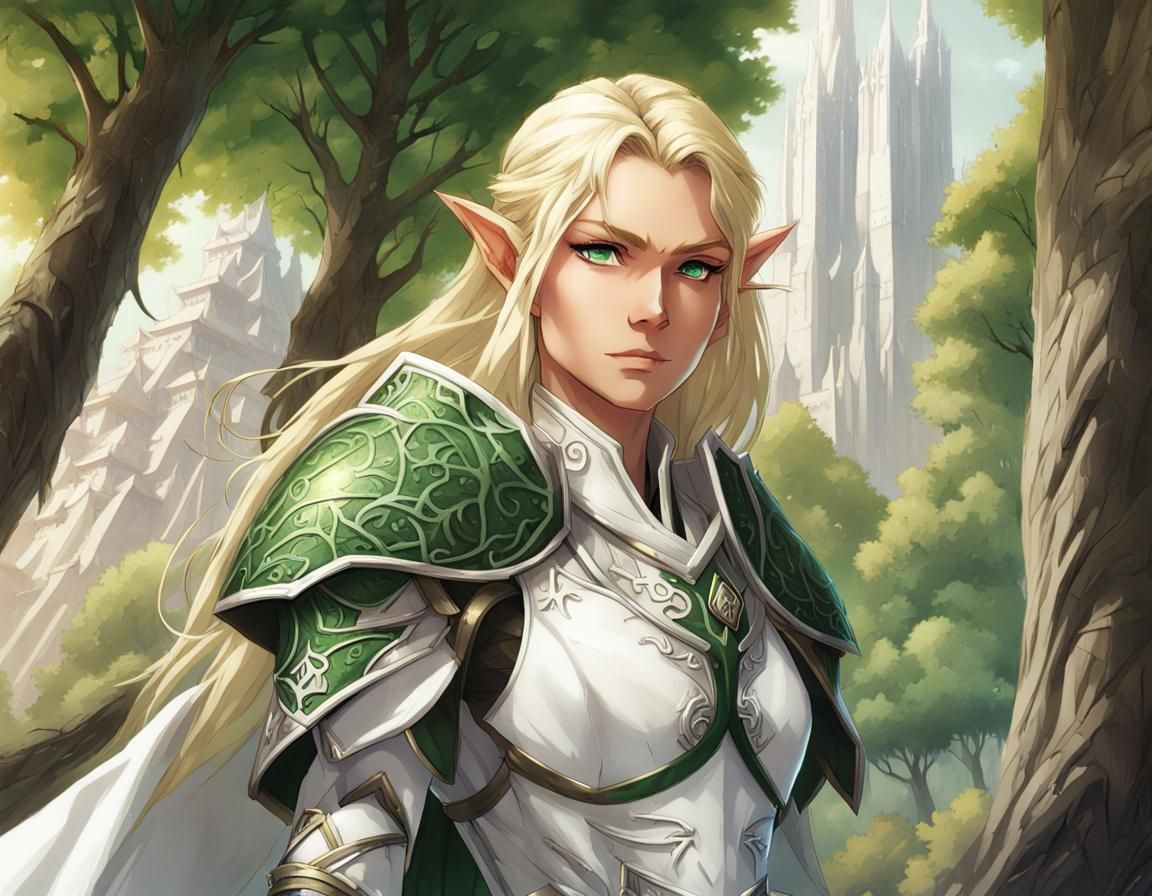 Elven Warden in Anime Style with Arboreal City