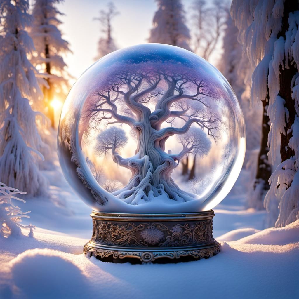 Majestic tree and snow in glass snow globe.