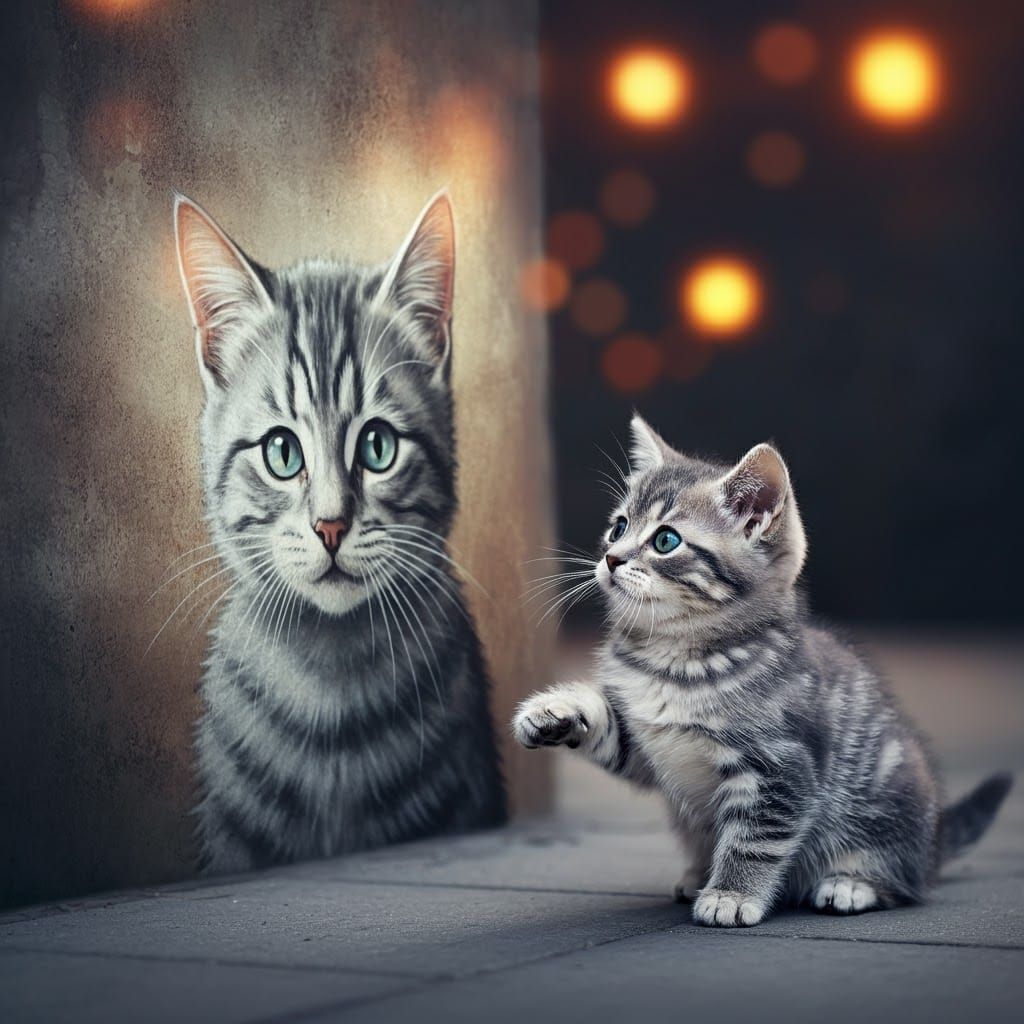 Gray Tabby Kitten and Grayscale Mural in Dreamlike Style