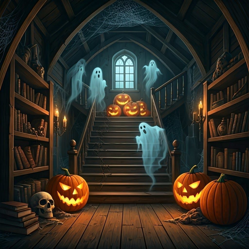 Eerie Halloween Attic with Ghosts in Dark Fantasy Style