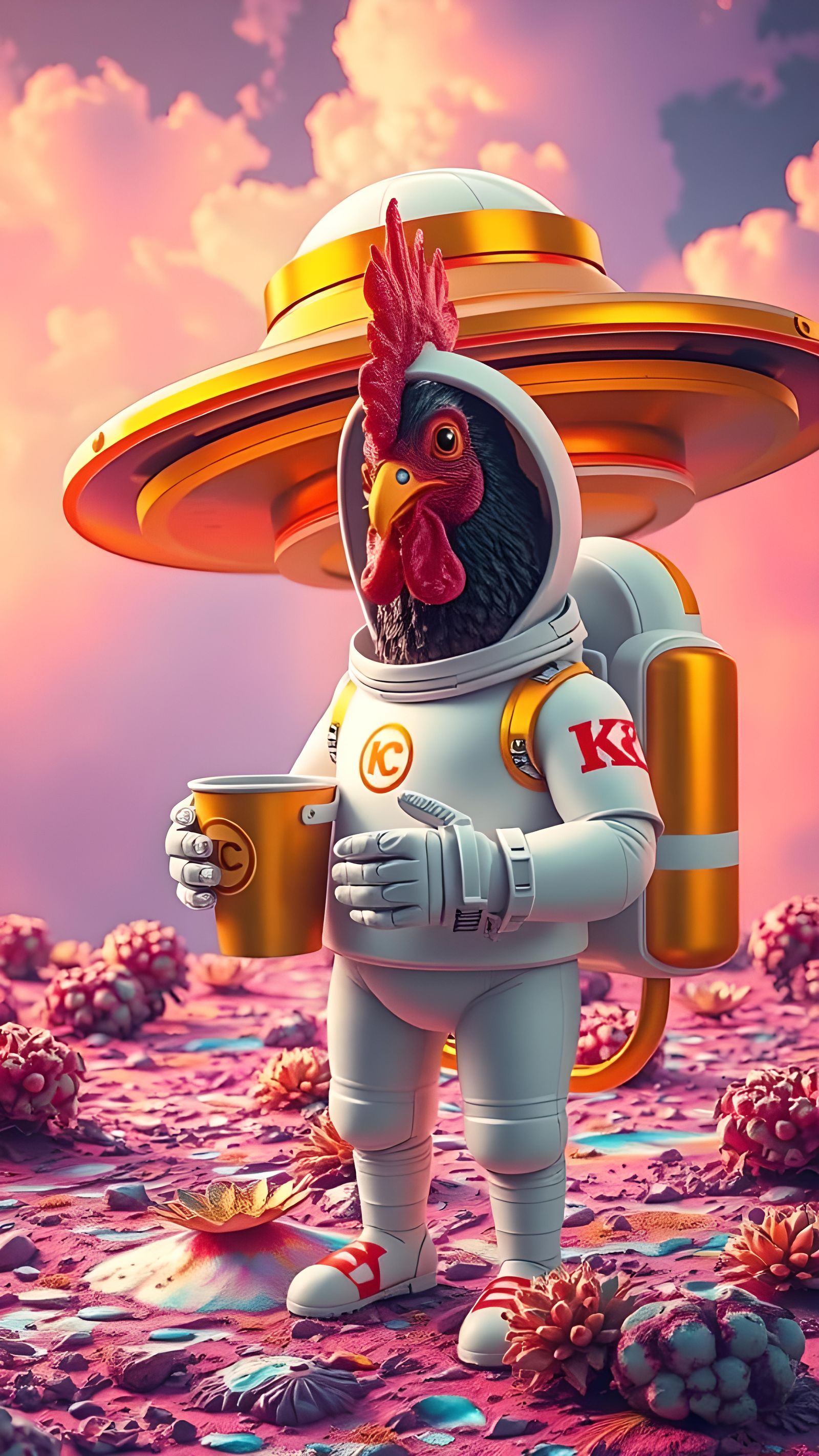 Chicken Spaceship on Alien Planet: Surreal Scene