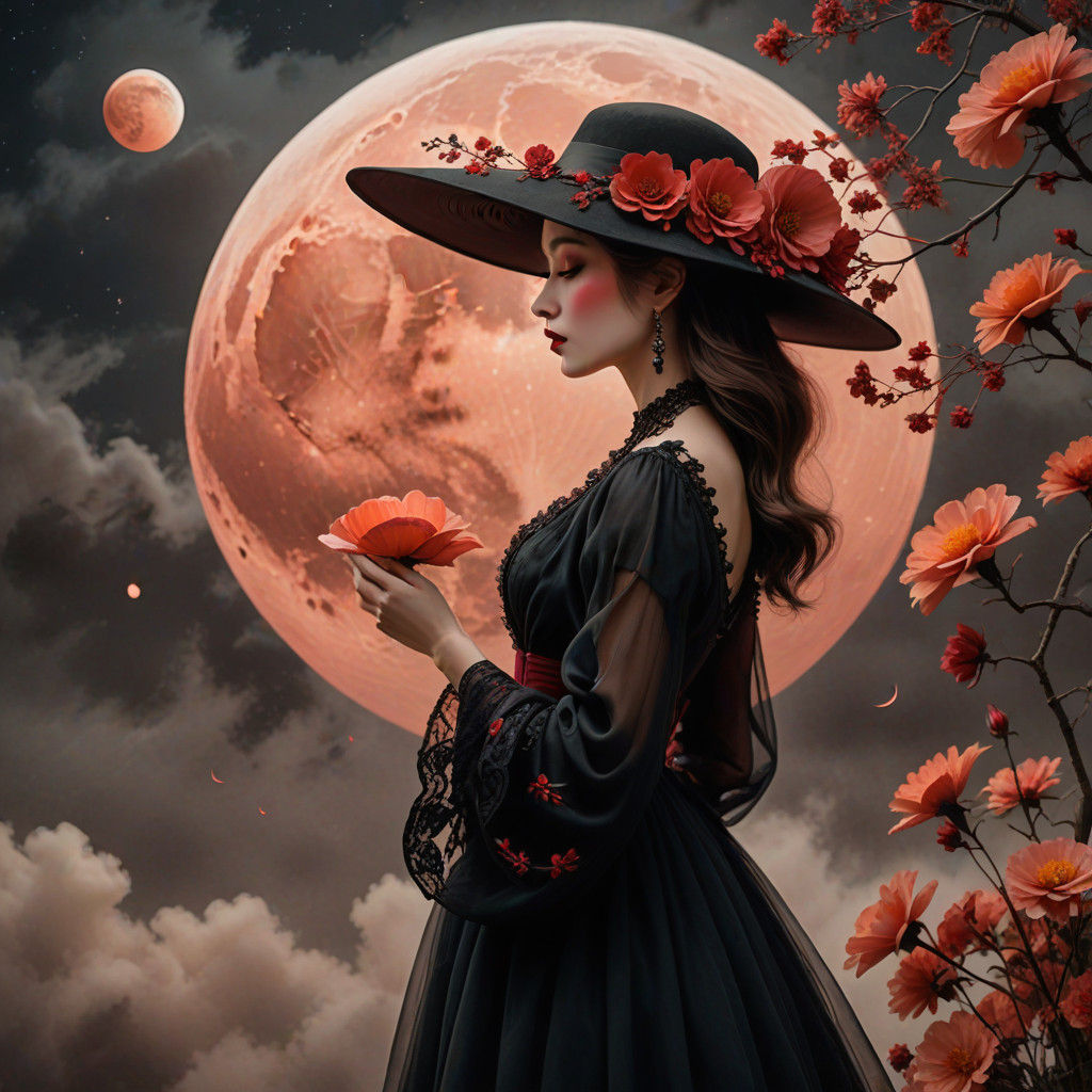 Ethereal Woman Under the Muted Red Moon