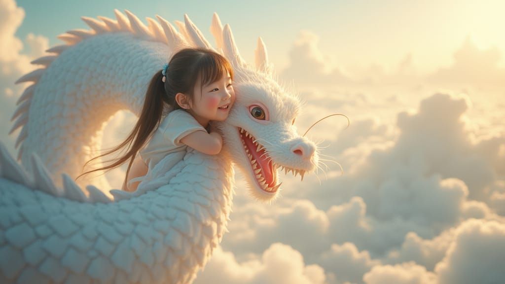 A happy, awe-struck young girl is sitting with her arms arou...