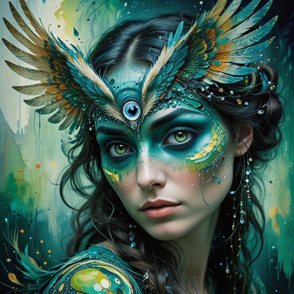 Woman with Owl Amidst Vibrant Patterns