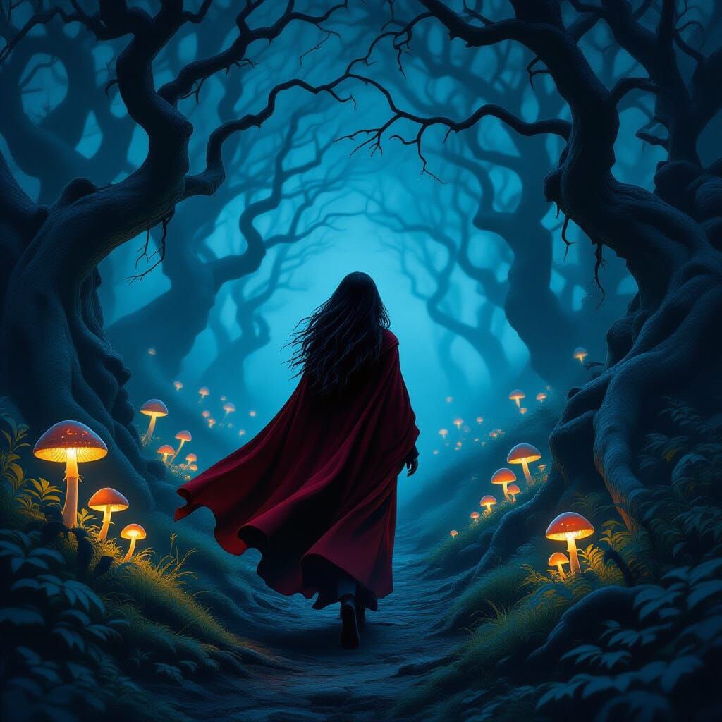Woman in Red Cloak in Eerie Forest at Twilight