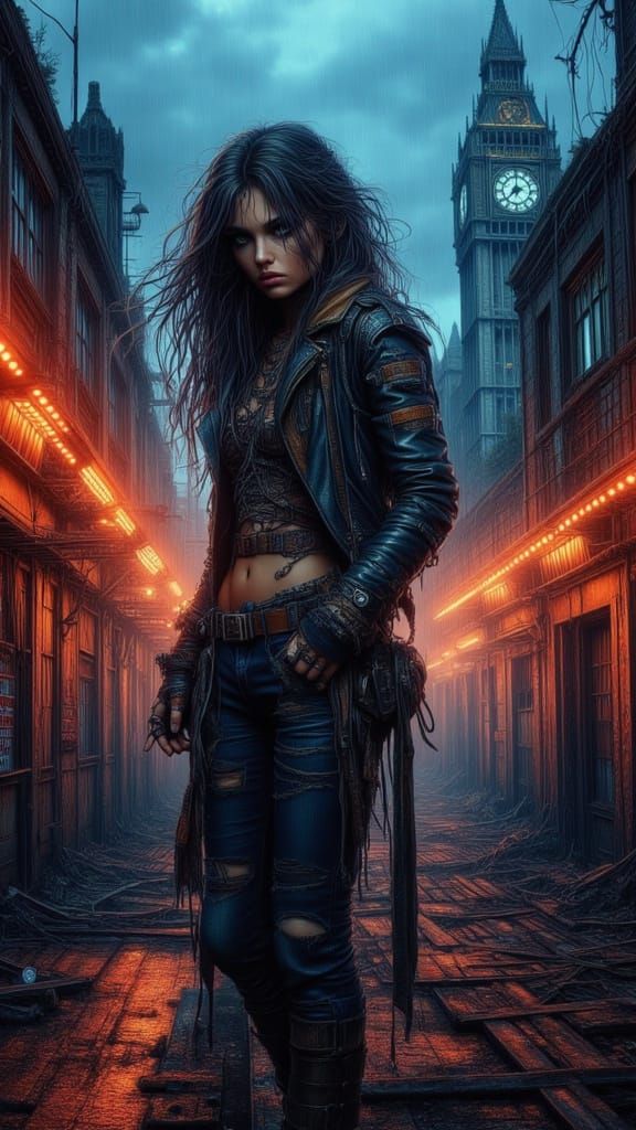 Defiant Londoner in Neon-Lit Industrial Rooftop