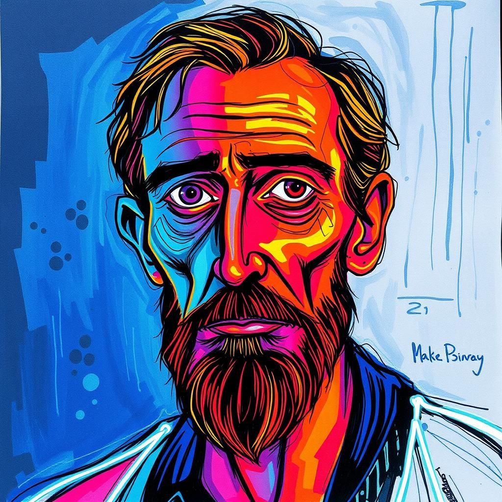 Neon Self-Portrait with Glowing Lines in Cubist Style