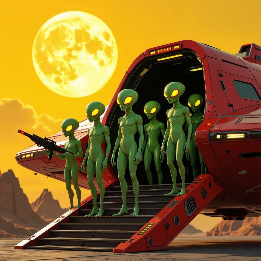 Green Aliens Emerge from Spaceship in Cinematic 3D