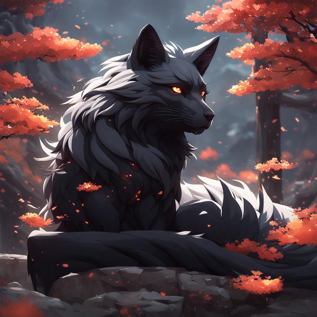 Detailed Black Kitsune in 3D Anime Art