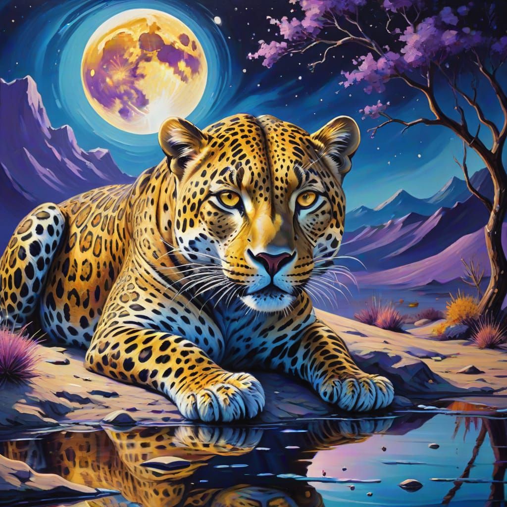 Surreal Leopard Drinks Water on Moonscape