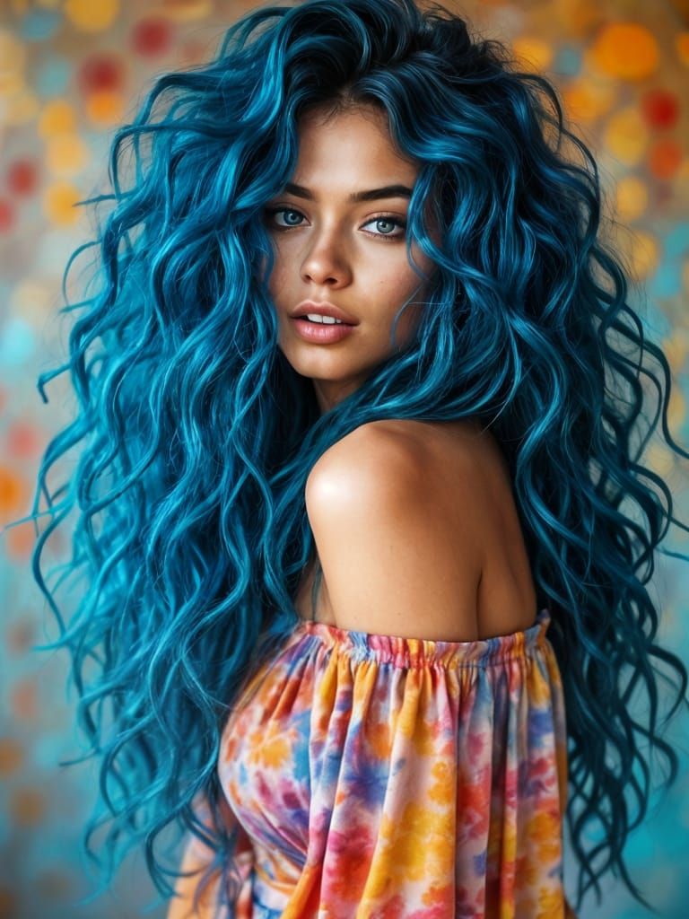 Attractive Woman in Tie-Dye Dress with Blue Hair
