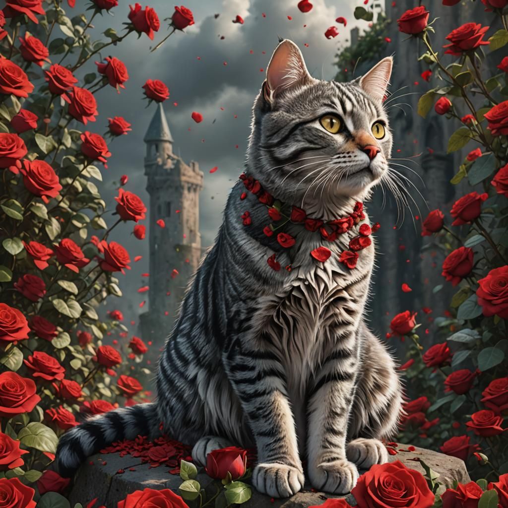 Grey Tabby Cat on Red Roses: Detailed Digital Painting