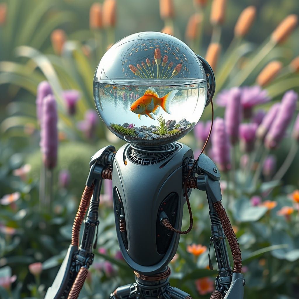 Futuristic Robot in Garden, Digital Art