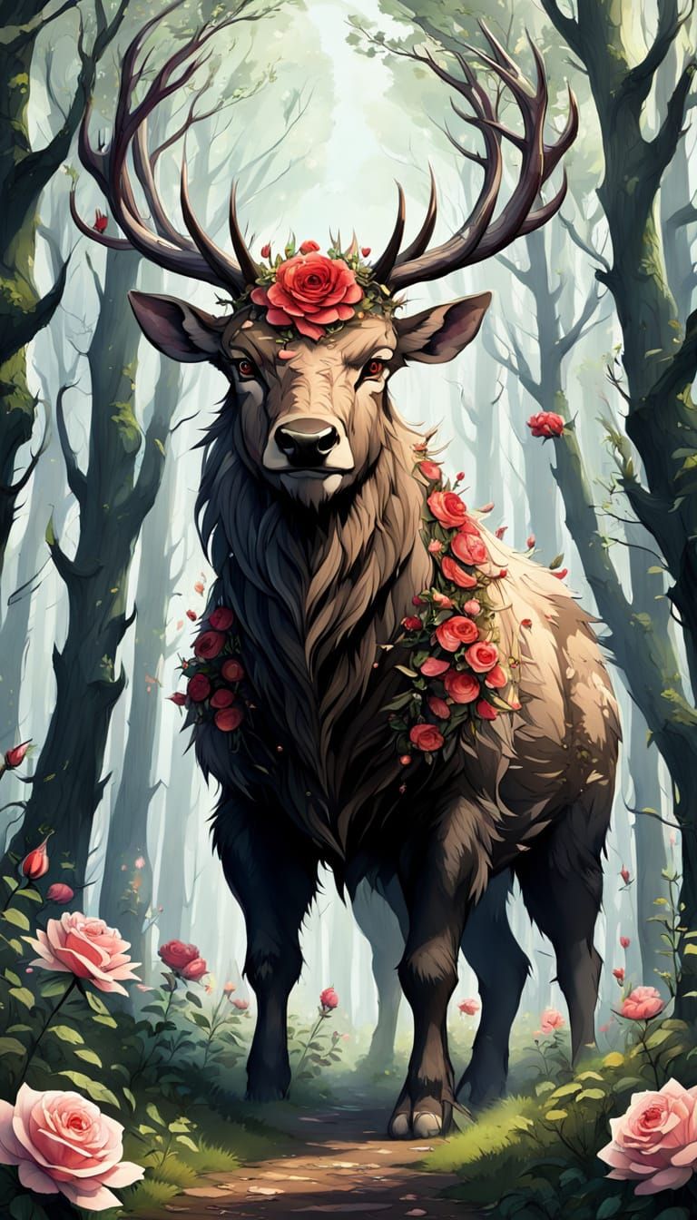 Gentle Behemoth Guides Fawn Through Thorny Forest