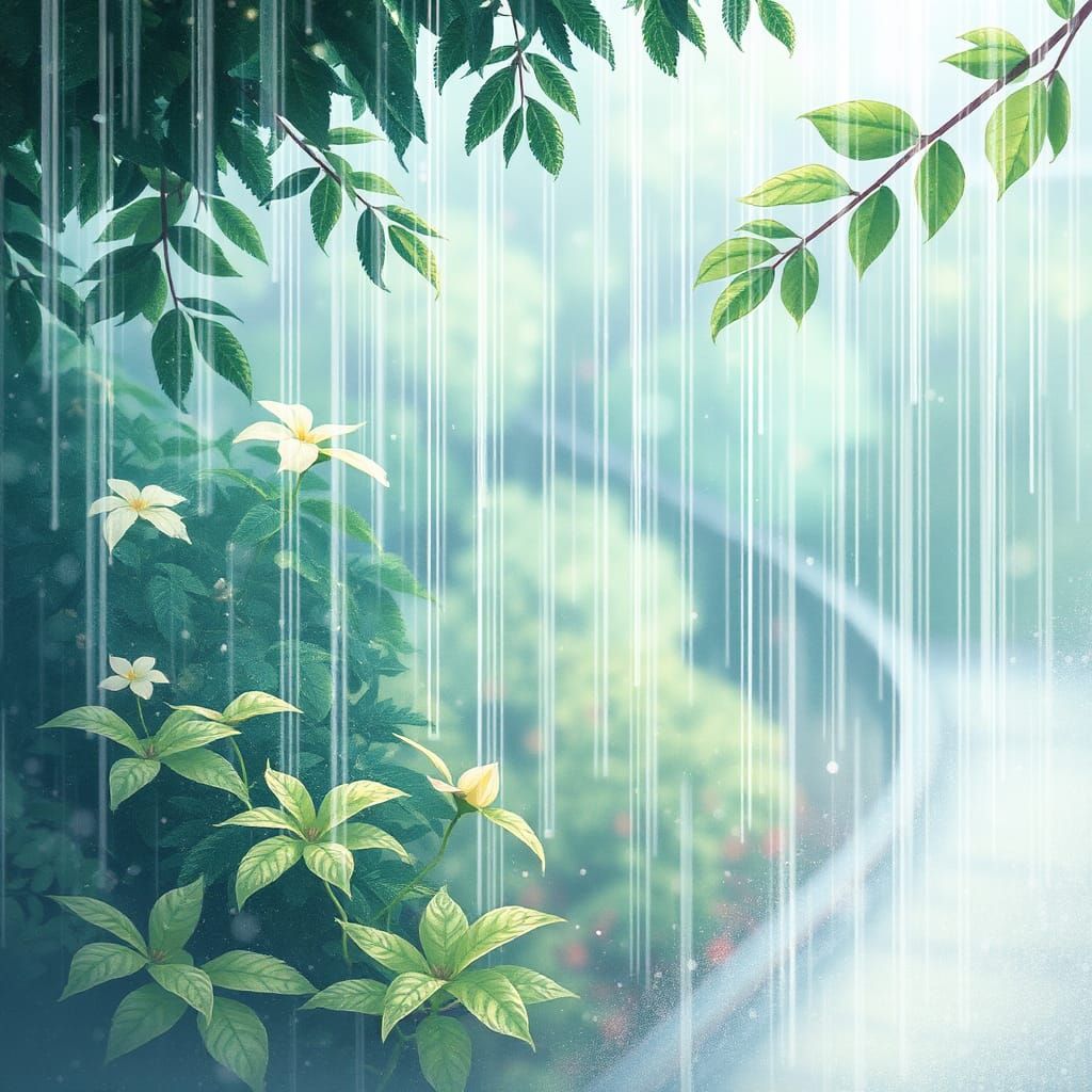 Calming Rain on Greenery in Manga Style