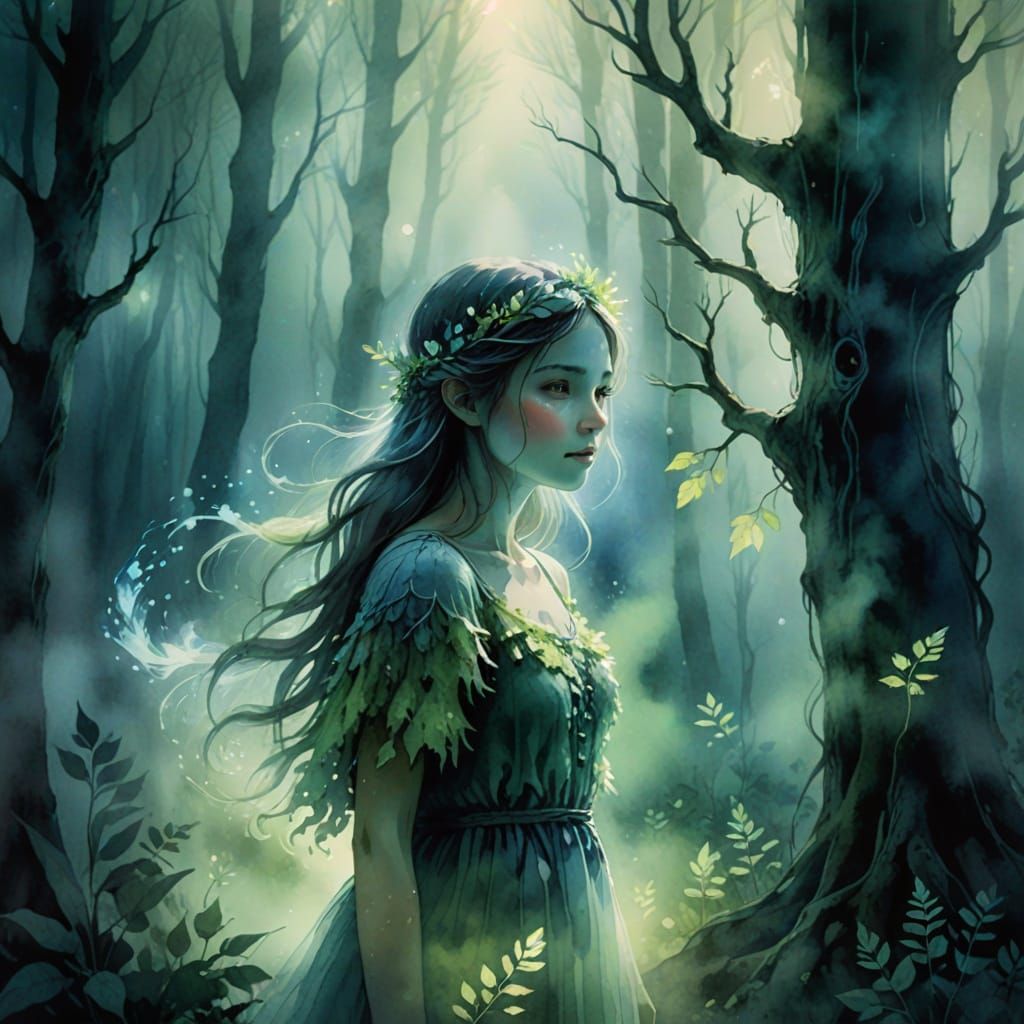 Girl Protects Forest Spirit in Watercolour Style