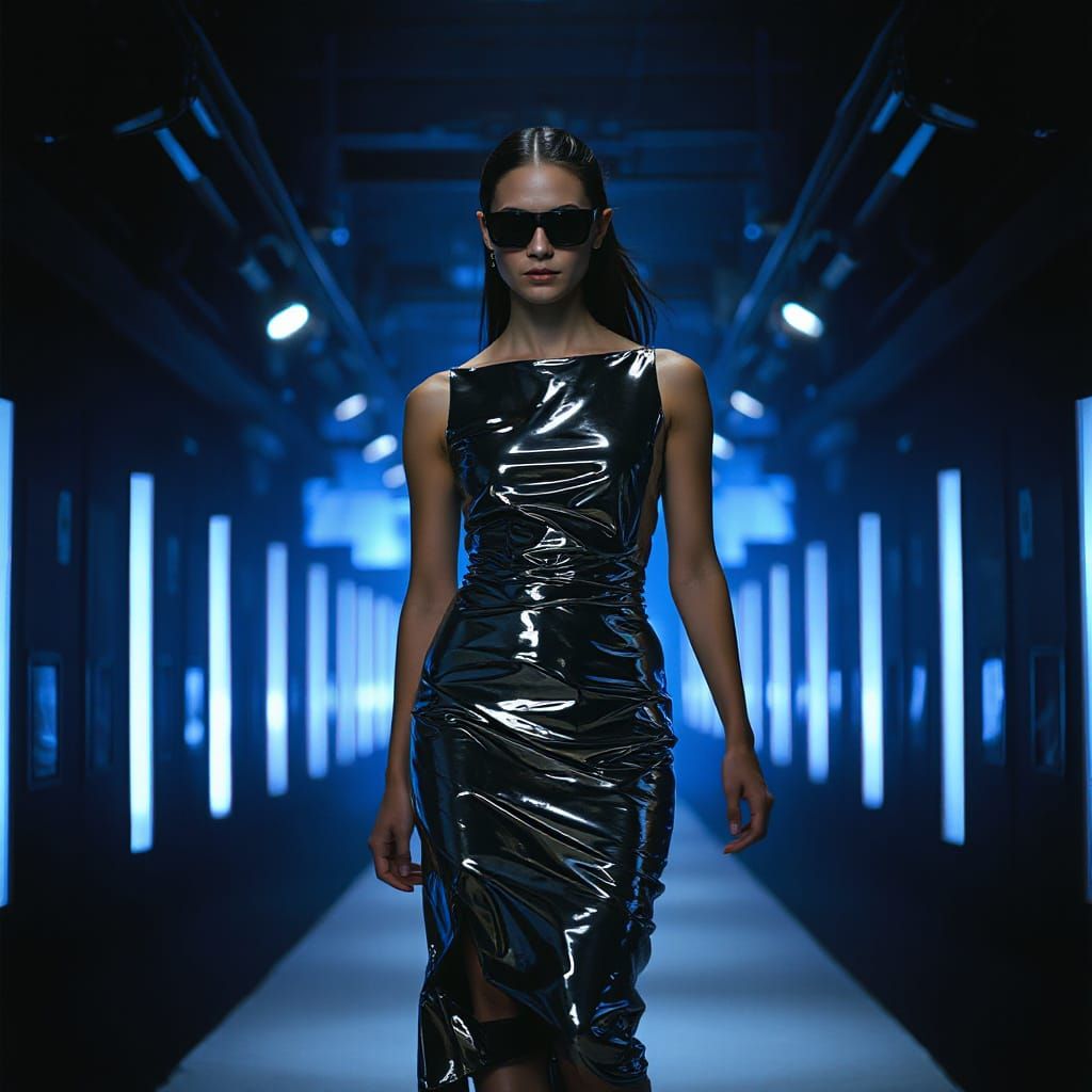 Glamorous Woman Strolls Down a Runway in a Shimmering Chrome...