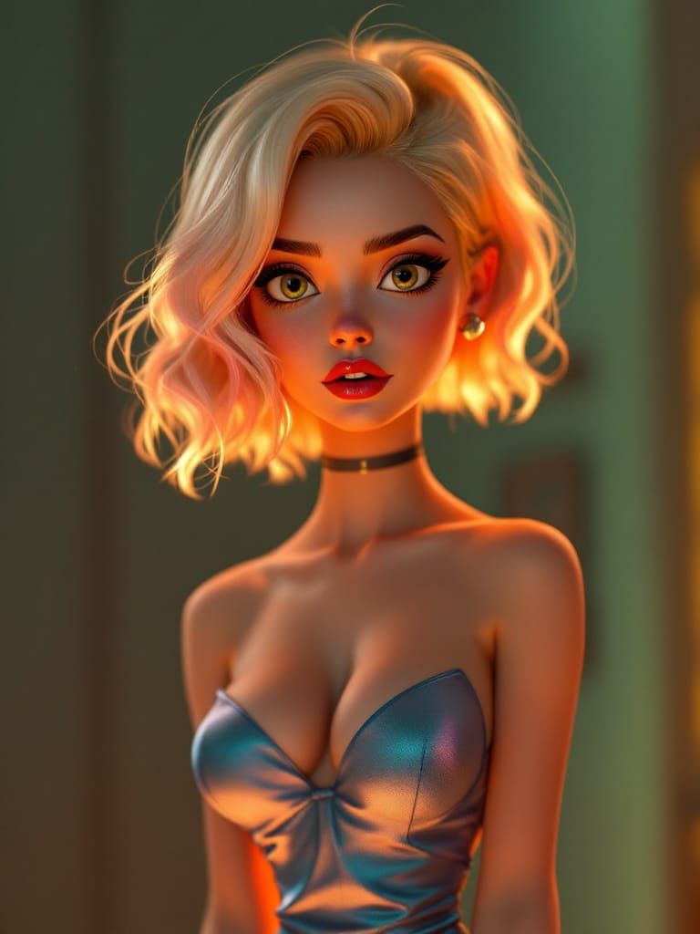 Pin-Up Woman in Metallic Dress with Pink-Tipped Hair