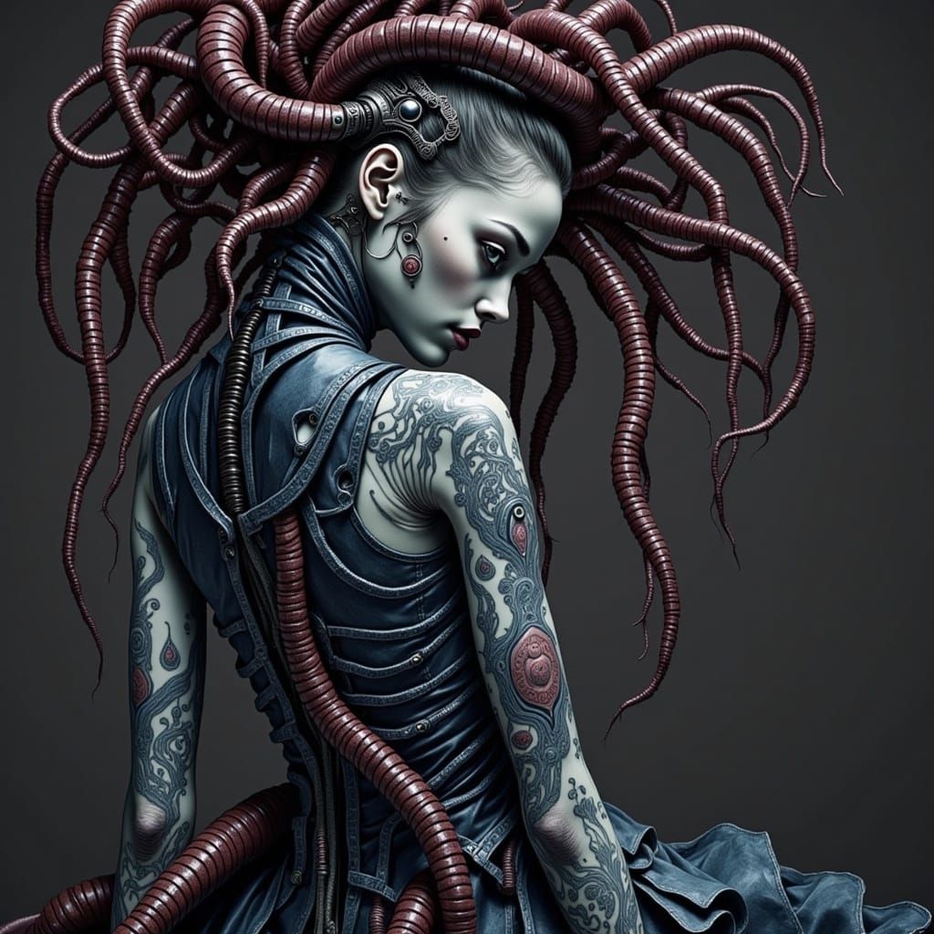 Cyborg Woman with Paisley Dress in Giger Style
