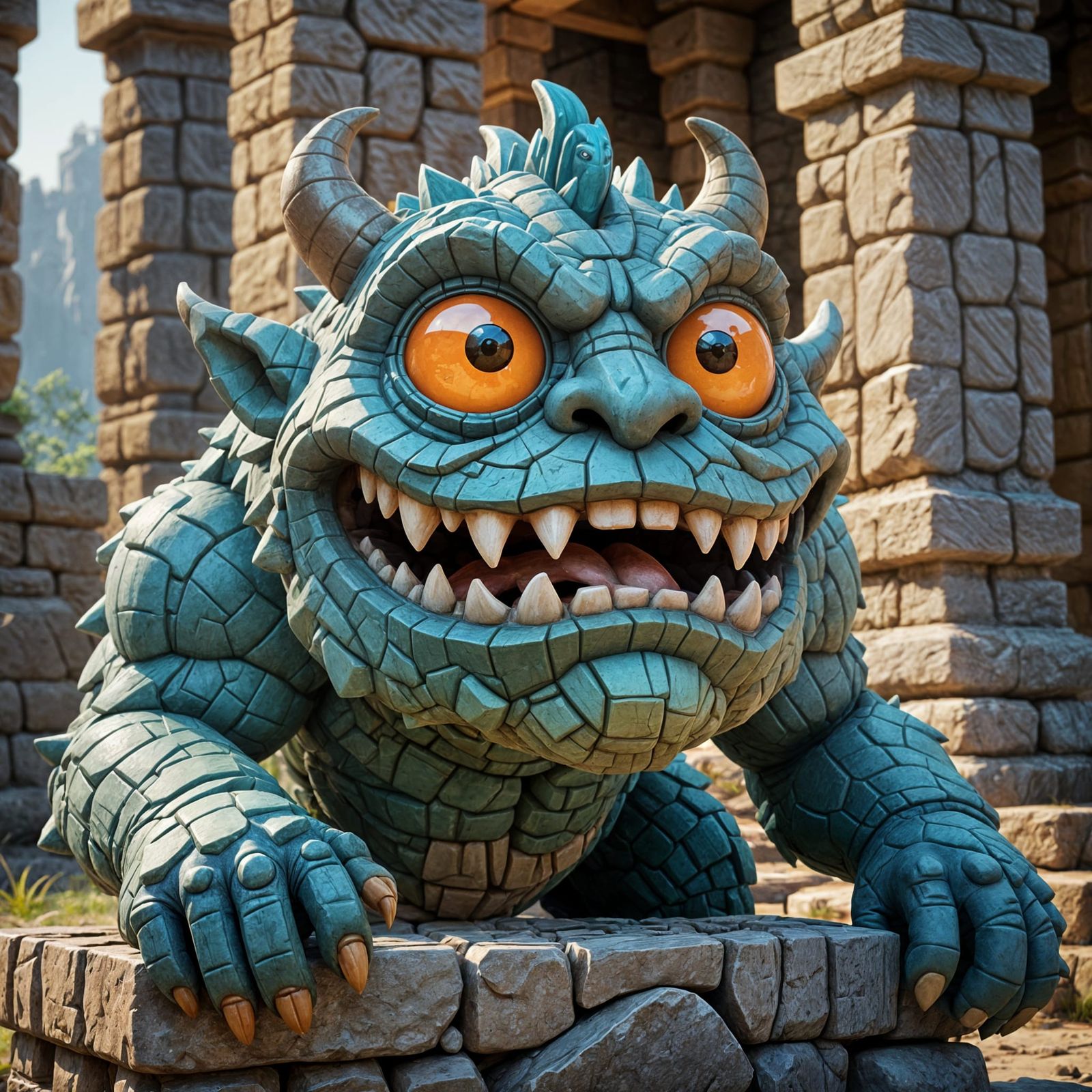 A playful, cartoon-style monster built from bright, mismatched pieces of stone trending on Artstation Unreal Engine 3D s...