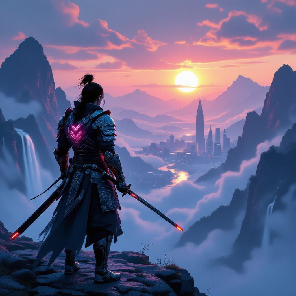 Cybernetic Samurai Sunrise: Hyperdetailed Cinematic Art