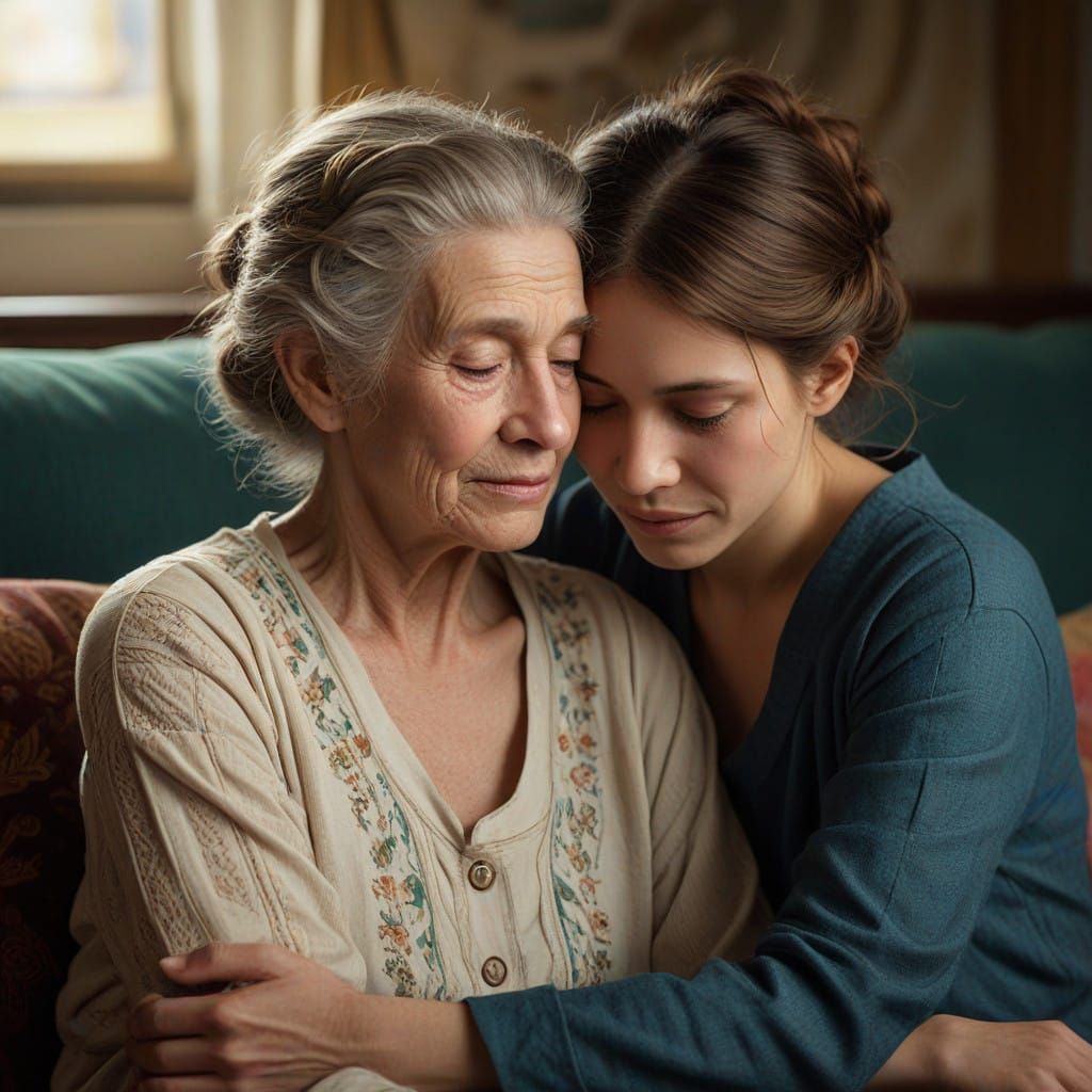 Tender Moment of Intimacy Between Grandmother and Daughter