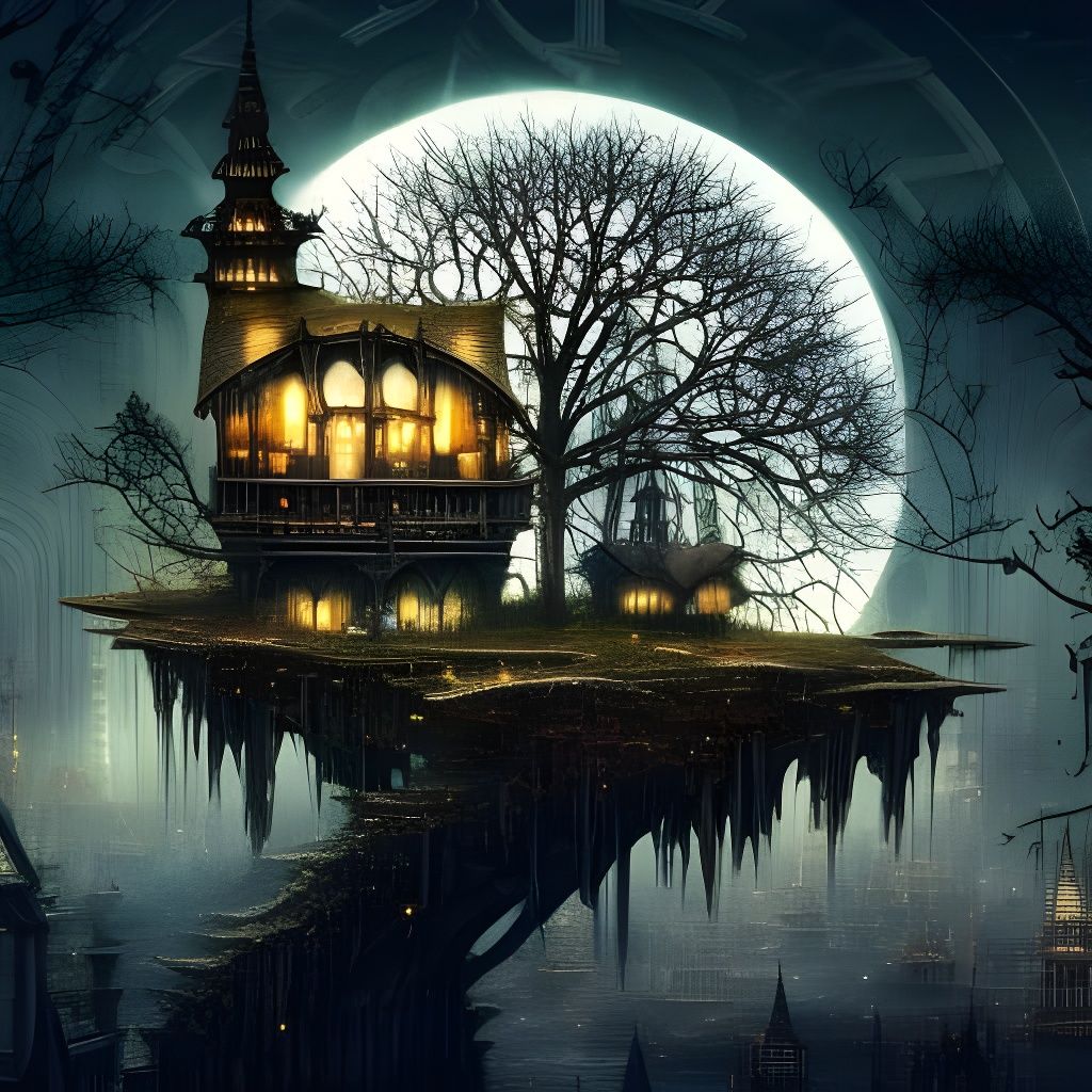 Clockpunk Bonsai Village Under Starry Sky