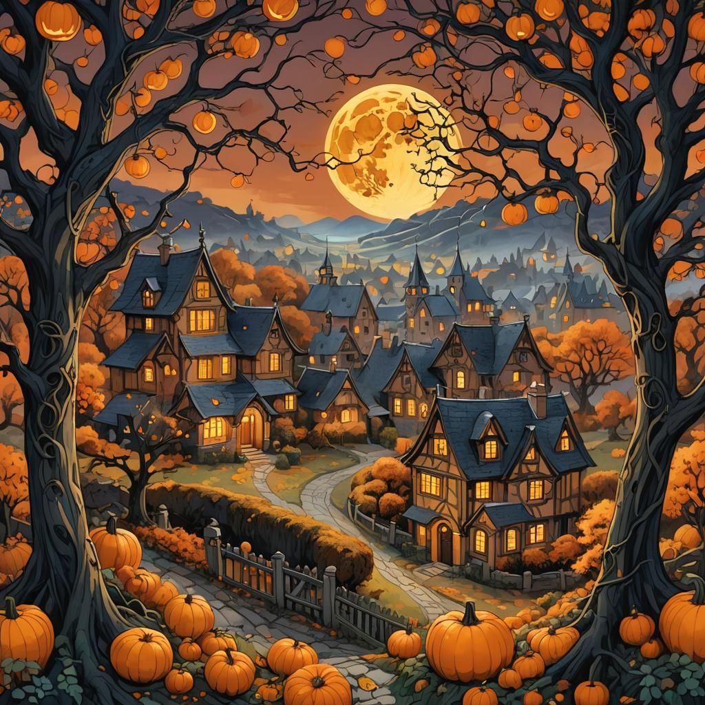 Spooky Autumn Scene with Gothic Village and Pumpkins