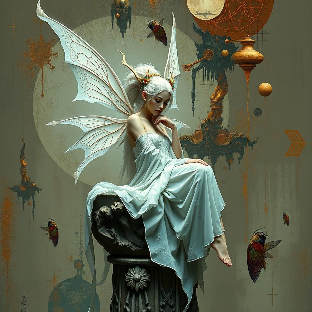 Geisha Fairy in Dystopian Dreamscape: Surrealist Art