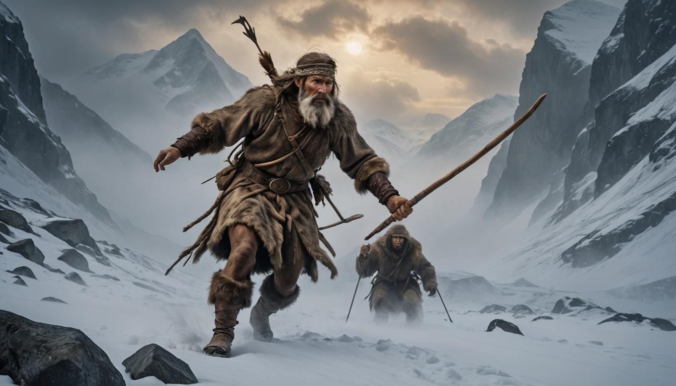 Otzi in Stone Age Arctic Mountains