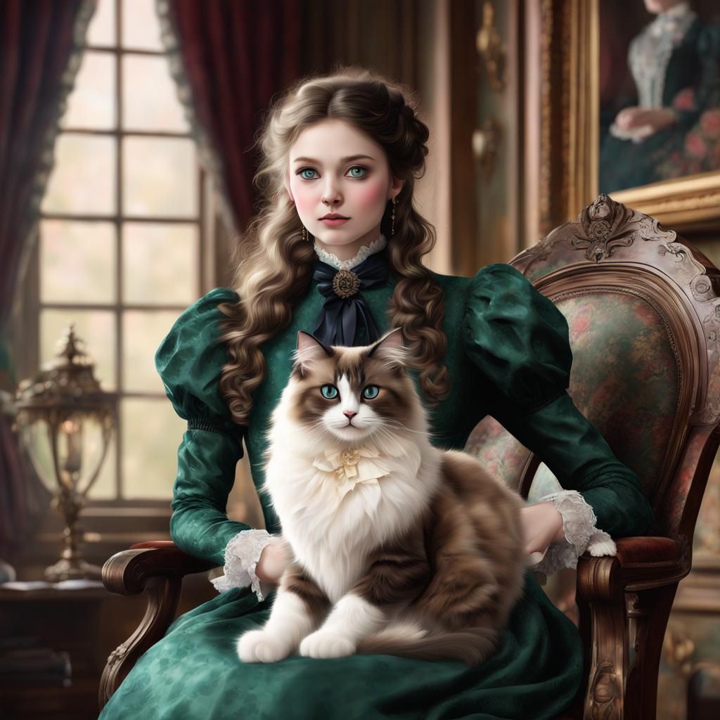 Victorian Lady with Ragdoll Cat in Digital Art
