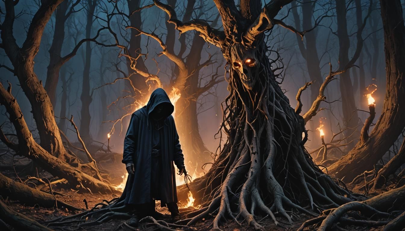 Dark Surrealism: Hooded Figure in Twisted Forest